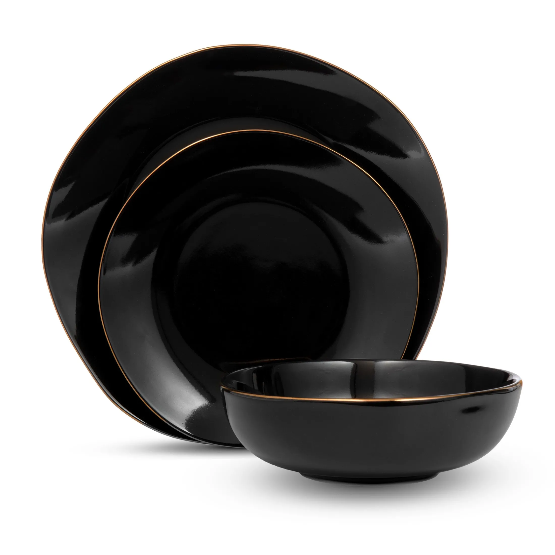 Andover Black 12 Piece Gold Rim Dinnerware Set, Service For 4