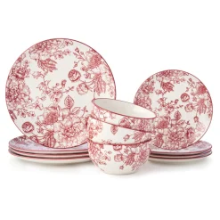 Banbury Crimson Porcelain 12 Piece Dinnerware Set, Service For 4