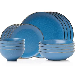 Beaumont Blue Stoneware Gold Rim 16 Piece Dinnerware Set, Service for 4