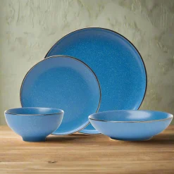 Beaumont Blue Stoneware Gold Rim 16 Piece Dinnerware Set, Service for 4