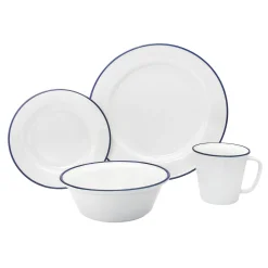 Bistro Blue Rim Porcelain 16 Piece Dinnerware Set, Service For 4