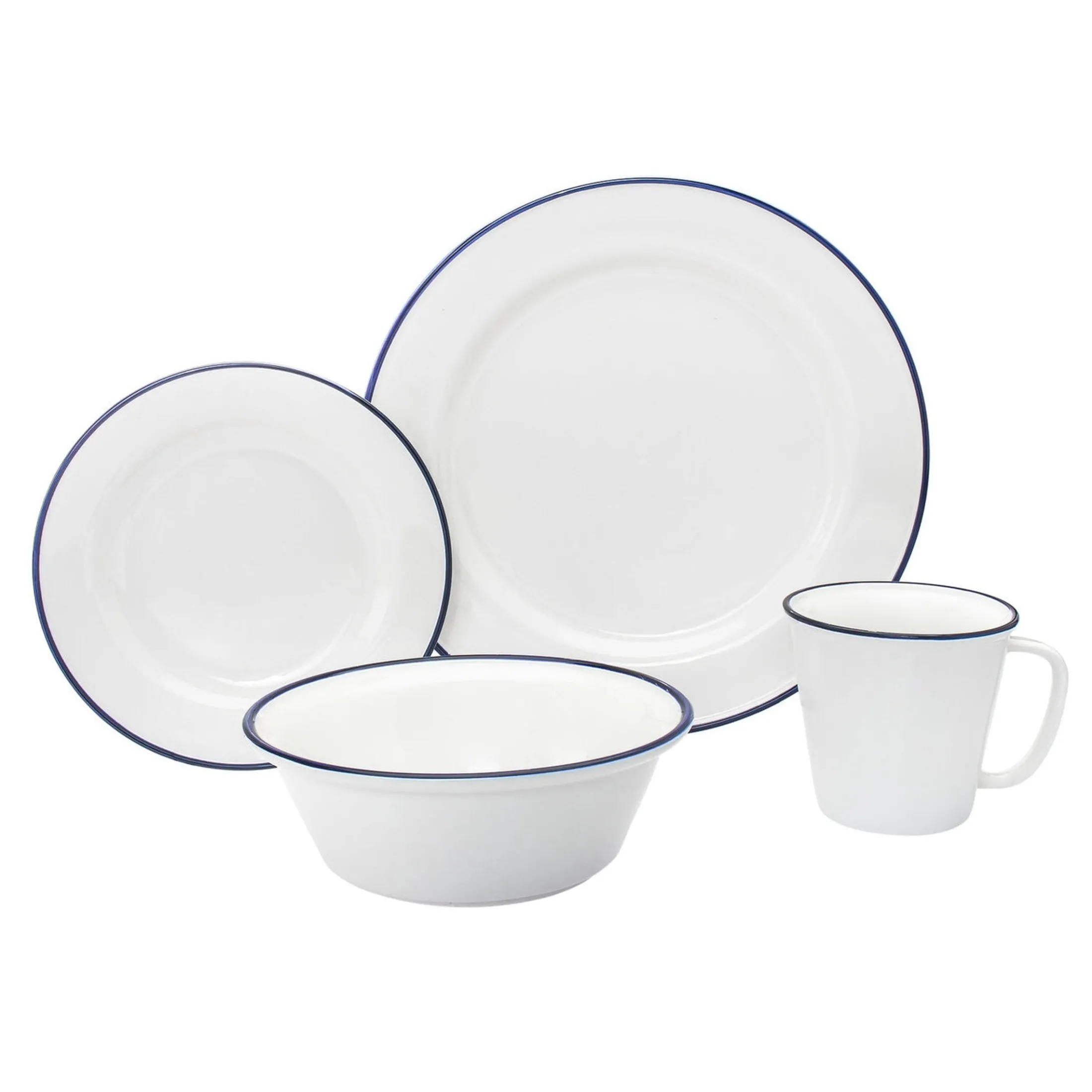 Bistro Blue Rim Porcelain 16 Piece Dinnerware Set, Service For 4