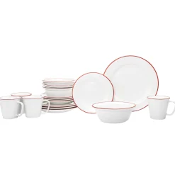 Bistro Red Rim Porcelain 16 Piece Dinnerware Set, Service For 4