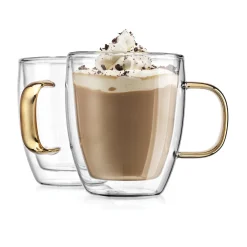 Coffee Double Wall Gold Handle Mug, Set of 2