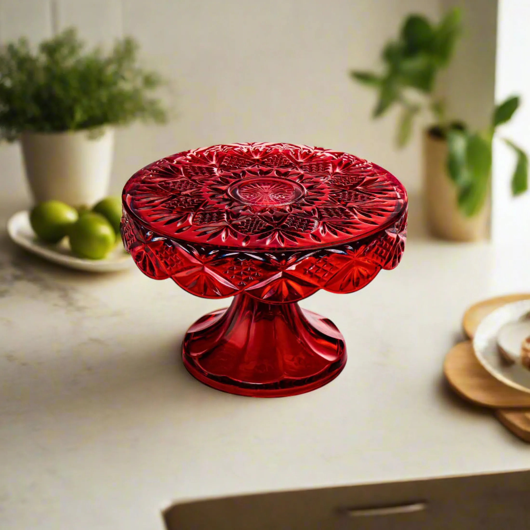 Dublin Crystal Red Cake Plate