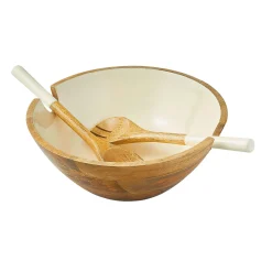 Huck Wood & Enamel Salad Bowl with Servers