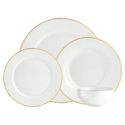 Pique Porcelain Gold Rim 16 Piece Dinnerware Set, Service For 4
