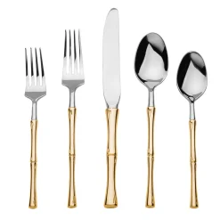 Rattan Mirrored Accented Gold 18/10 Stainless Steel 20 Piece Flatware Set, Service For 4