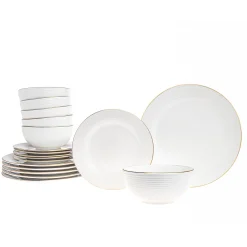 Saba Porcelain Gold Rim 18 Piece Dinnerware Set, Service For 6