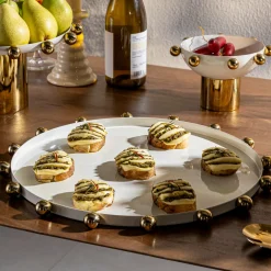 Temari White & Gold Round Serving Tray
