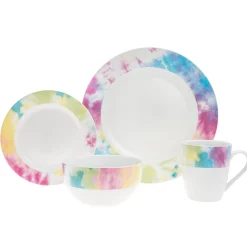 Tie Dye Multicolor Porcelain 16 Piece Dinnerware Set, Service For 4