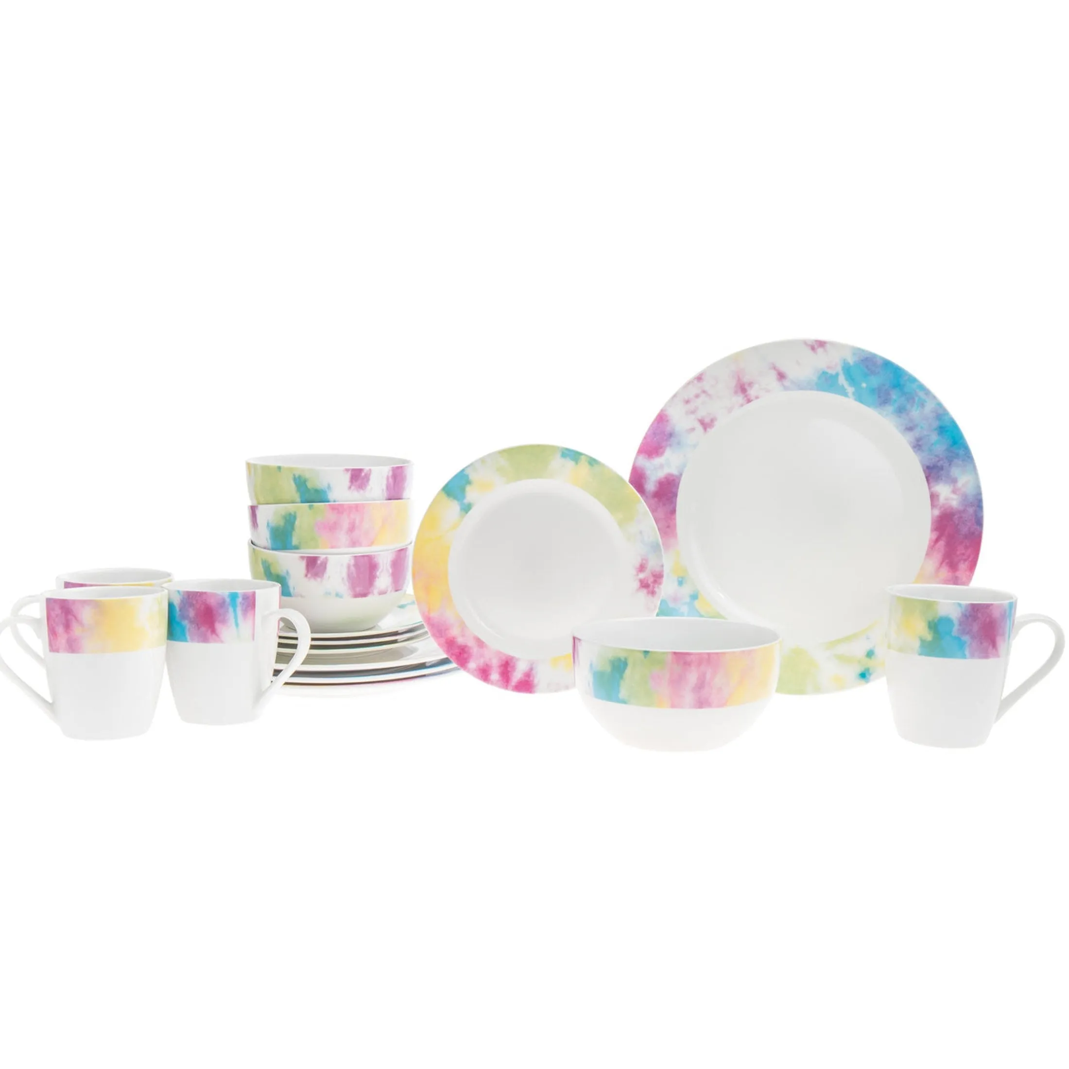 Tie Dye Multicolor Porcelain 16 Piece Dinnerware Set, Service For 4