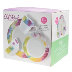 Tie Dye Multicolor Porcelain 16 Piece Dinnerware Set, Service For 4